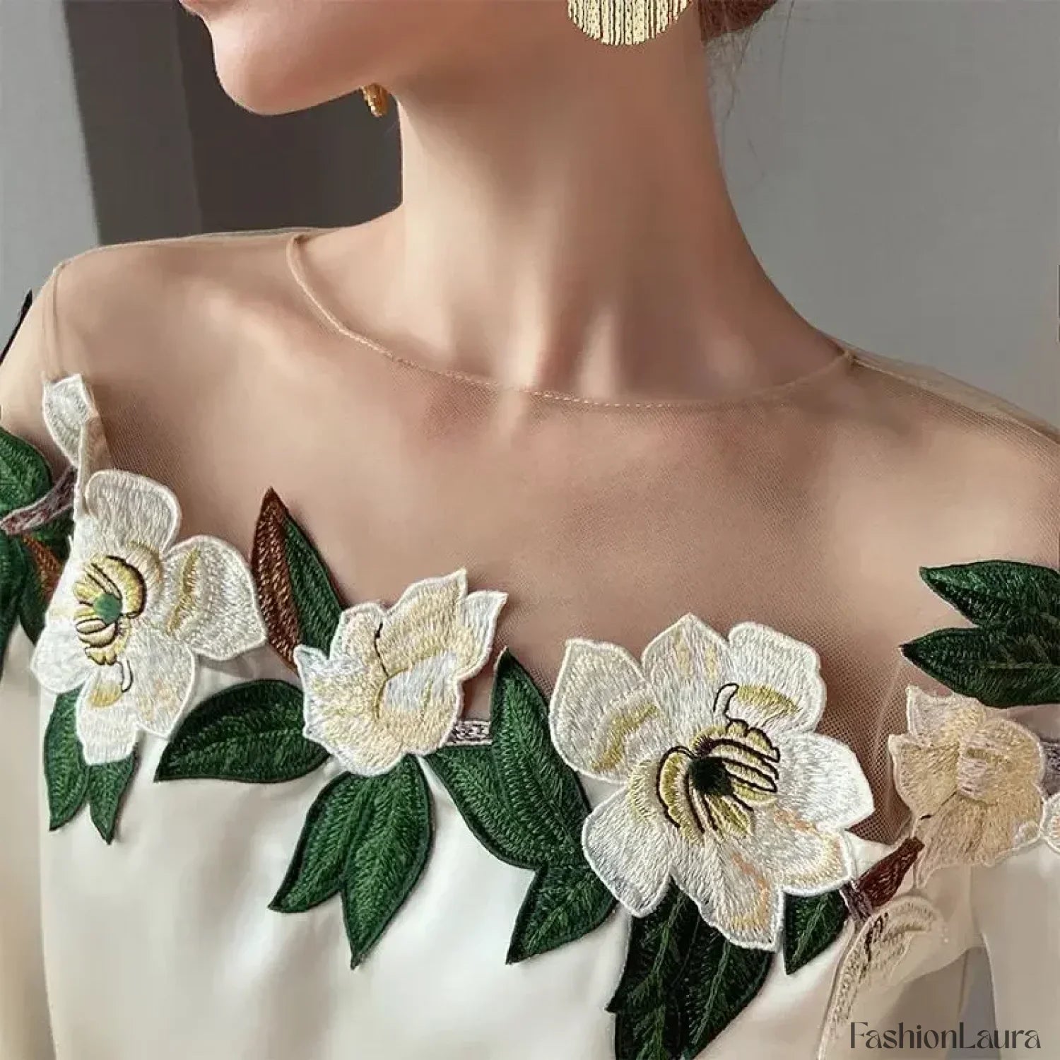 Summer Long Mesh Satin Embroidered Blouse