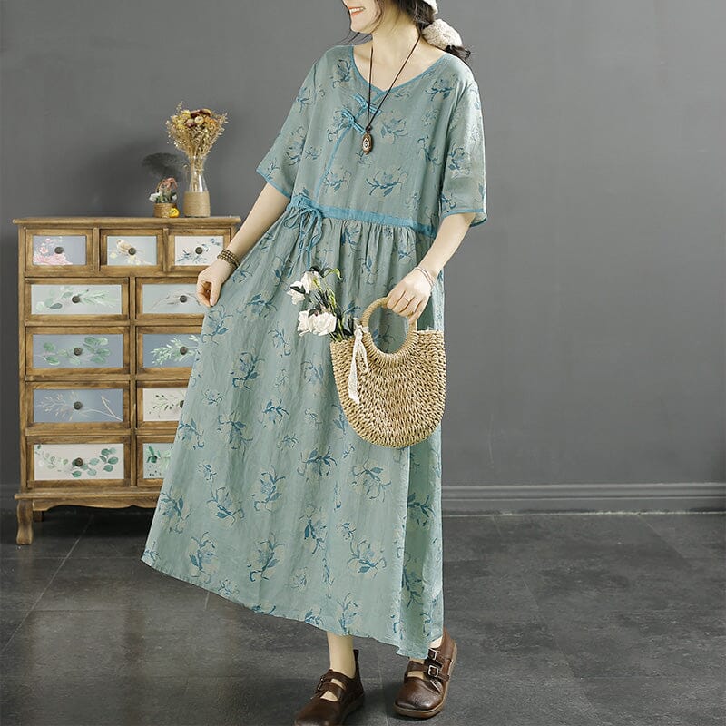 Casual Retro Floral Loose Linen Dress