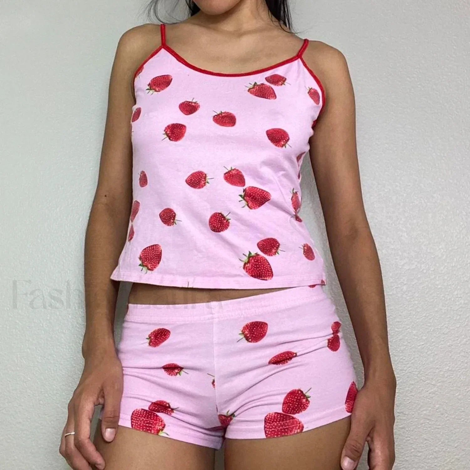 Summer Shorts Strawberry Cherry Bow Camisole Two Piece Set