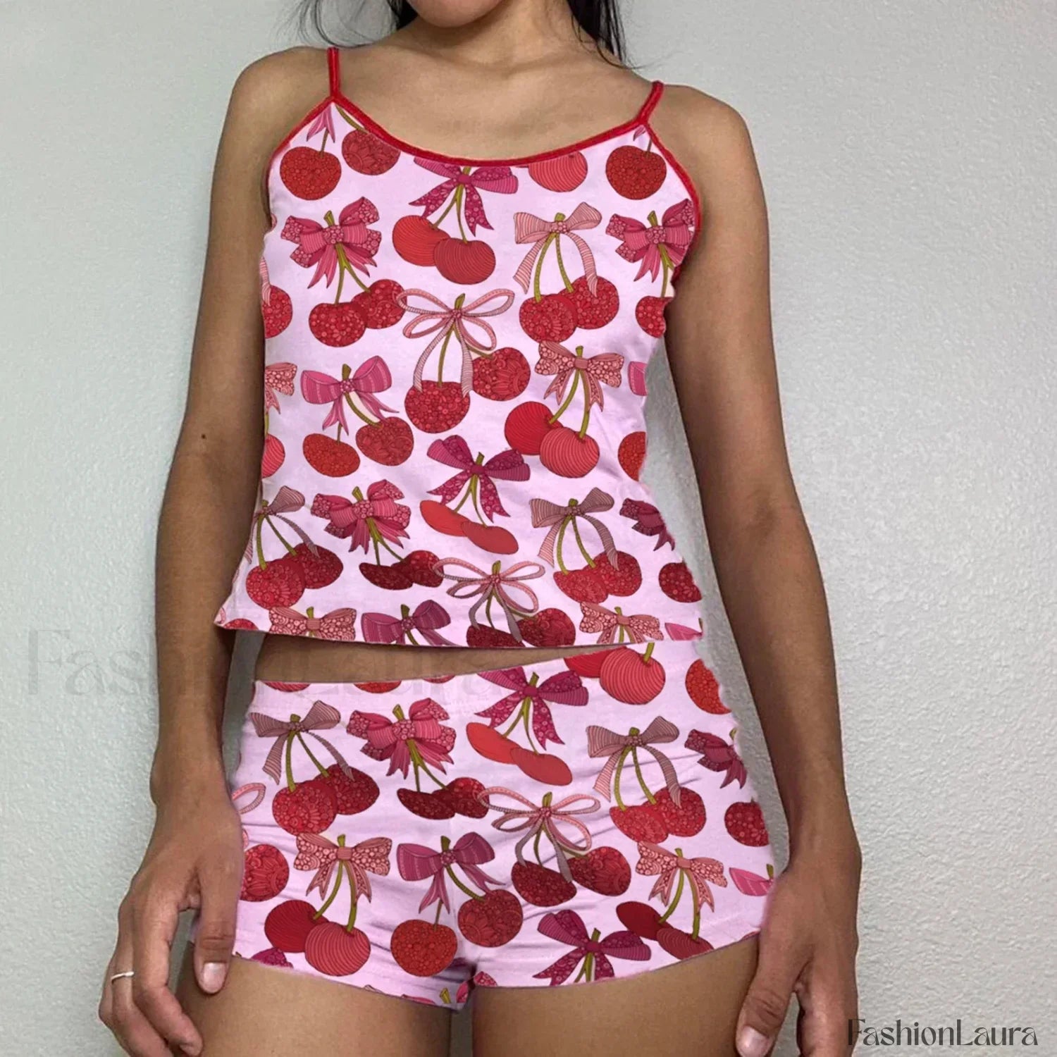 Summer Shorts Strawberry Cherry Bow Camisole Two Piece Set