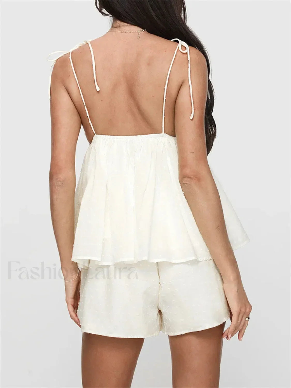 Summer V Neck Camis Ruffled Hem Tops Wide Leg Shorts Two Piece Set