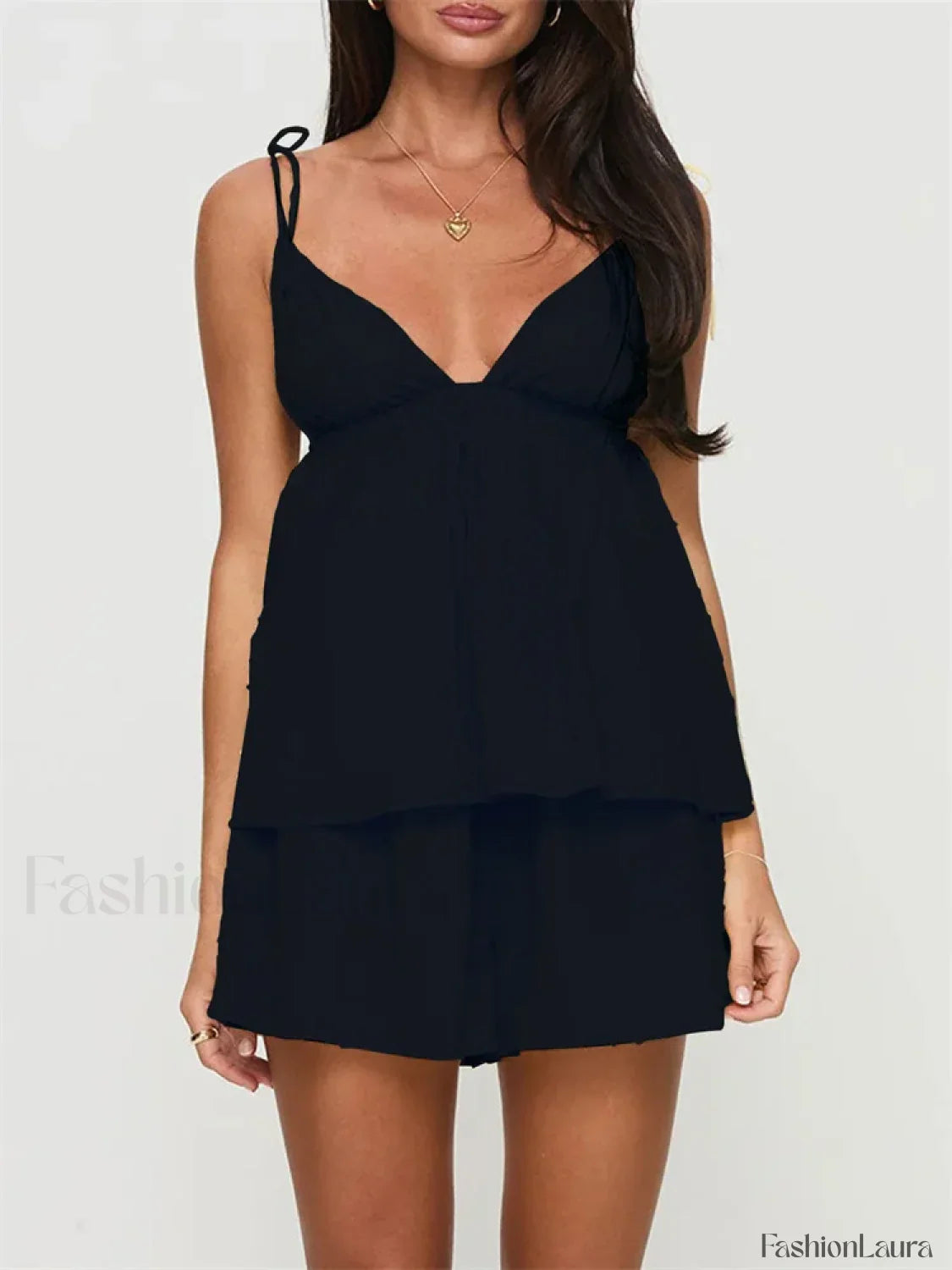 Summer V Neck Camis Ruffled Hem Tops Wide Leg Shorts Two Piece Set