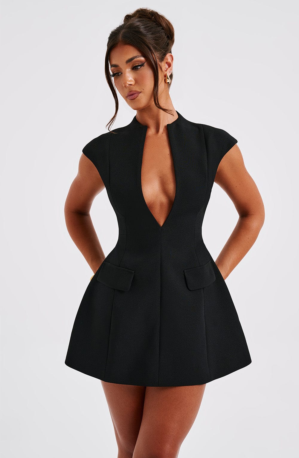 Plunge Neck Cap Sleeve Flap Pocket Flared Mini Dress 7