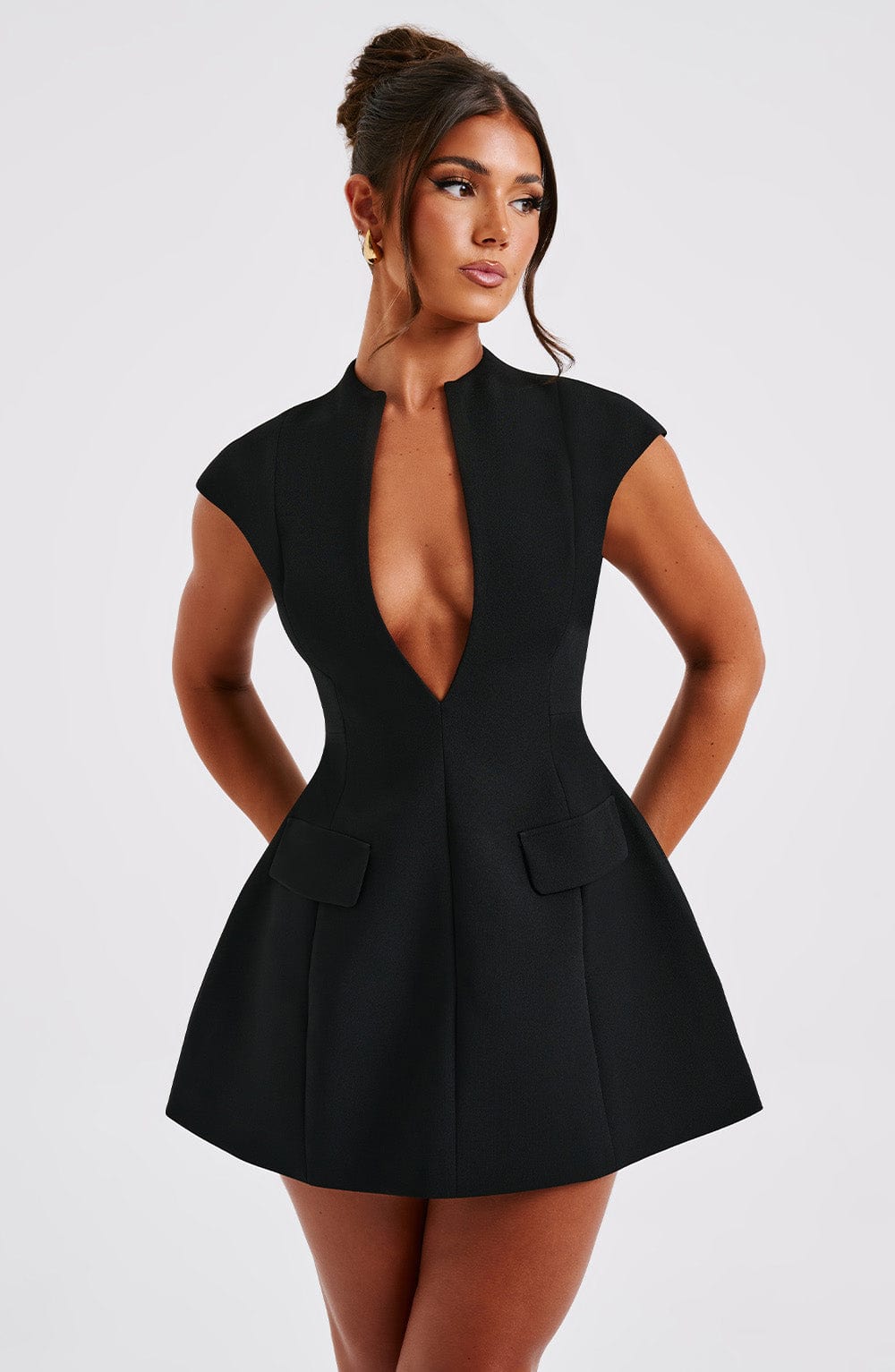 Plunge Neck Cap Sleeve Flap Pocket Flared Mini Dress 6