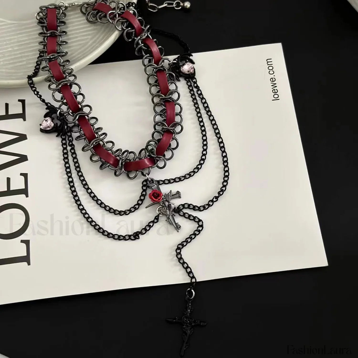 Sweet Cross Red Leather Gothic Layered Necklace