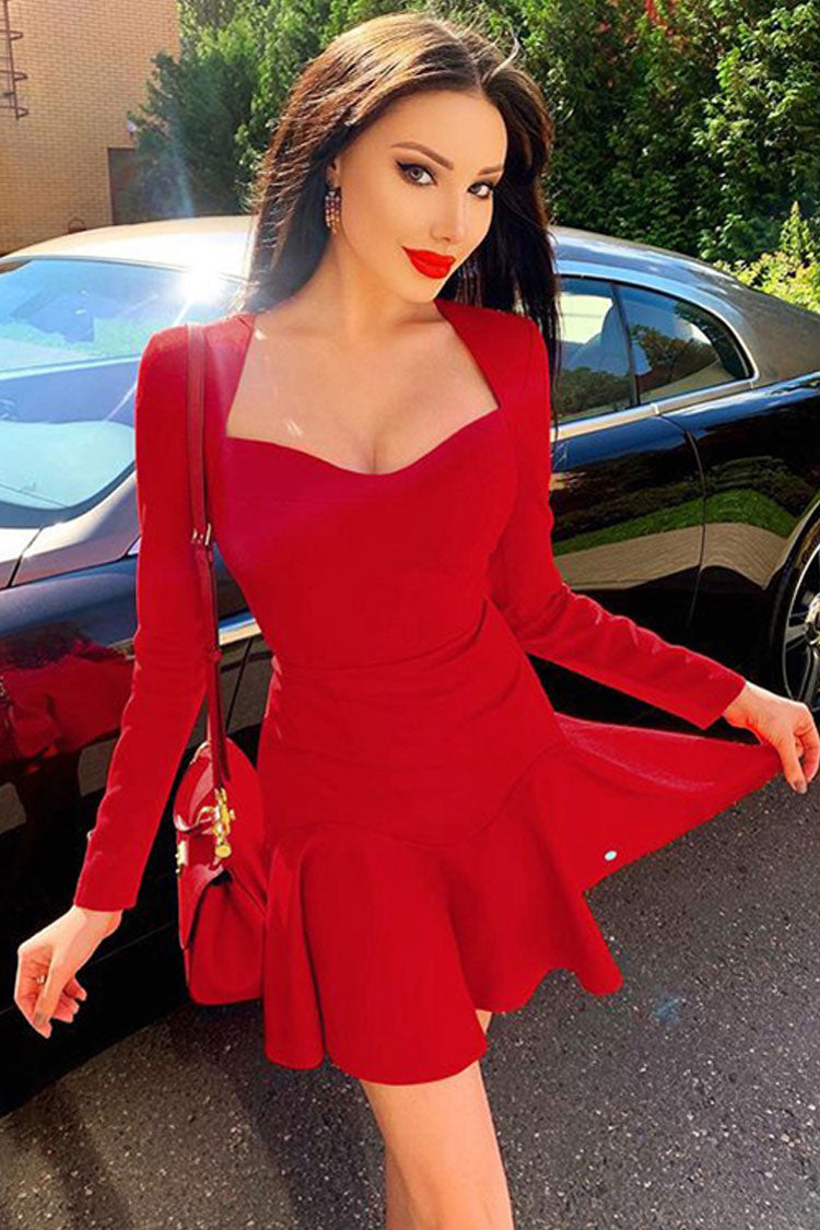 Sweetheart Neck Long Sleeve Ruffle Hem Fit and Flare Mini Dress