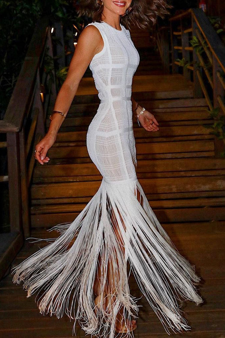 Sleeveless Round Neck Bandage Bodycon Fringe Hem Maxi Dress