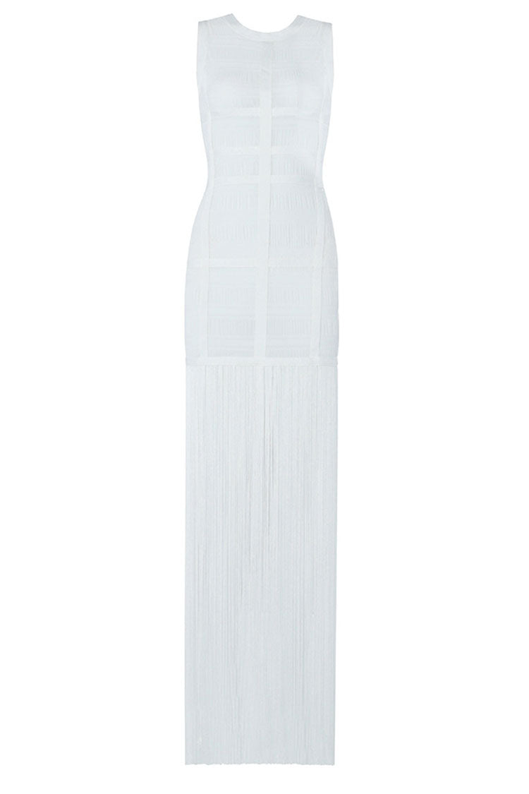 Sleeveless Round Neck Bandage Bodycon Fringe Hem Maxi Dress 2