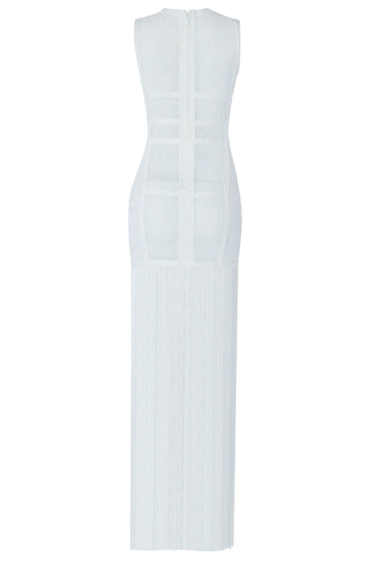 Sleeveless Round Neck Bandage Bodycon Fringe Hem Maxi Dress 3
