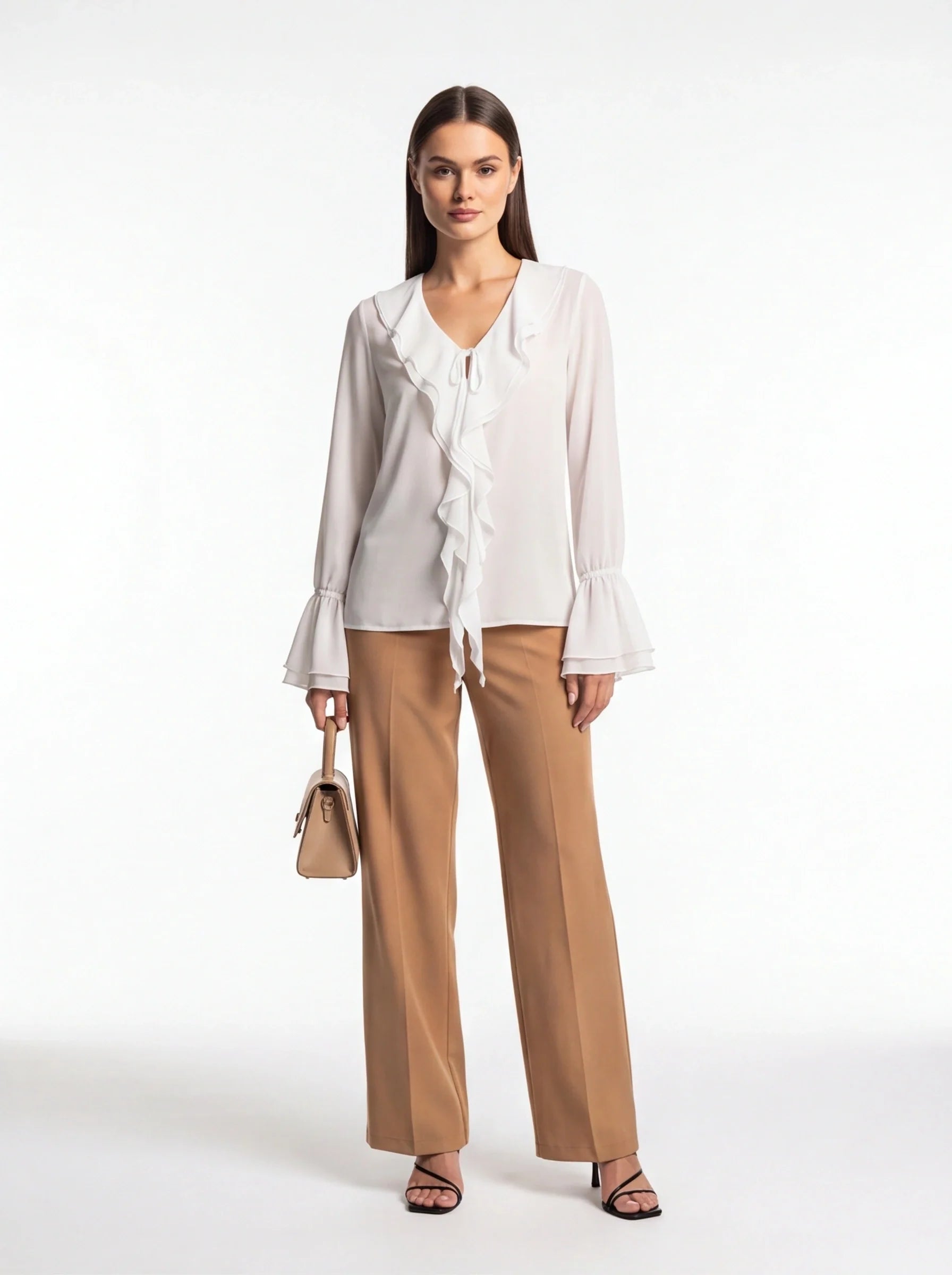 Elegant Ruffled Chiffon Blouse with Short Sleeves & Lightweight Fabric