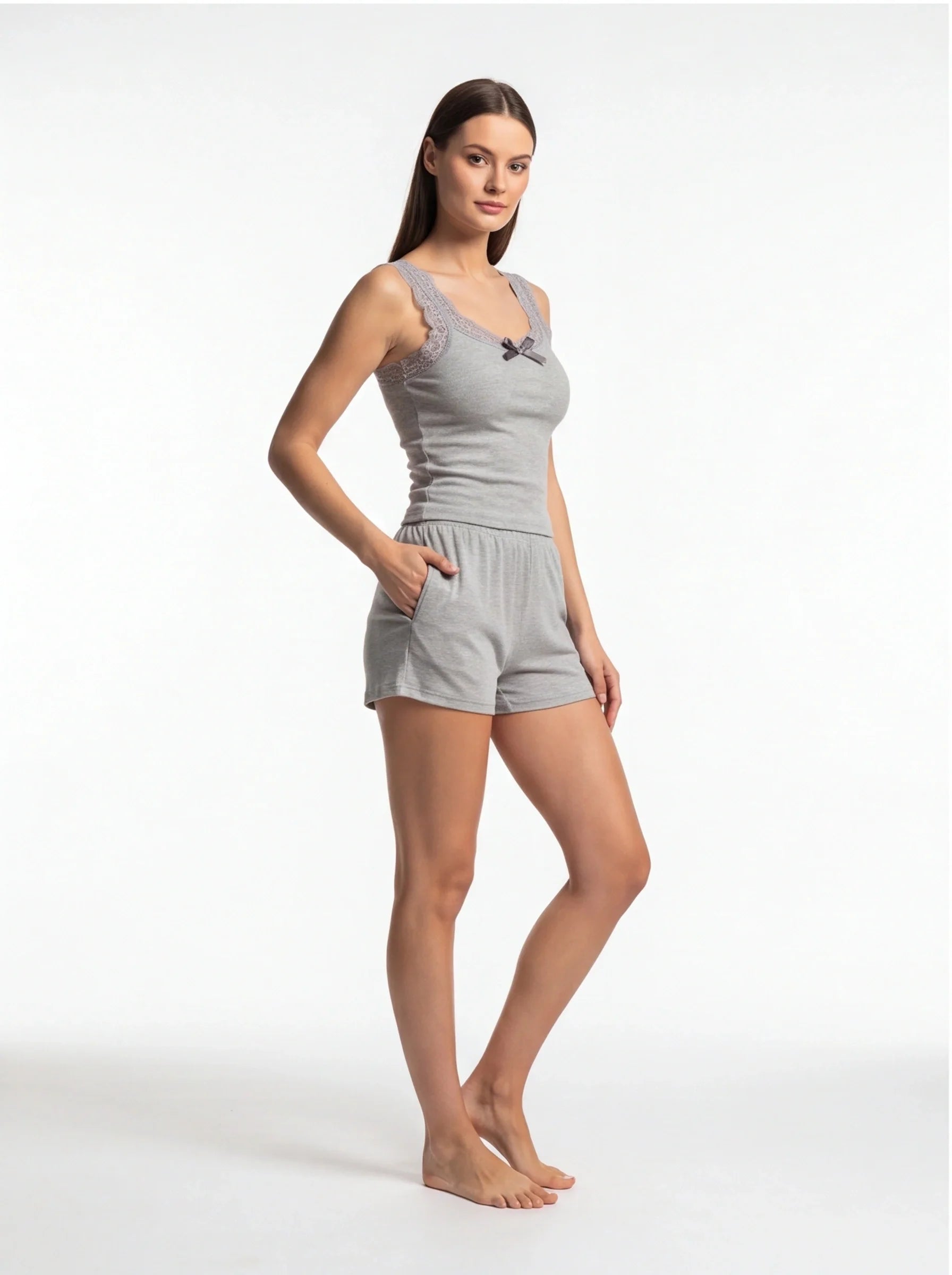 Casual Ribbed Pajama Set with Built-In Bra and Soft Comfort Shorts