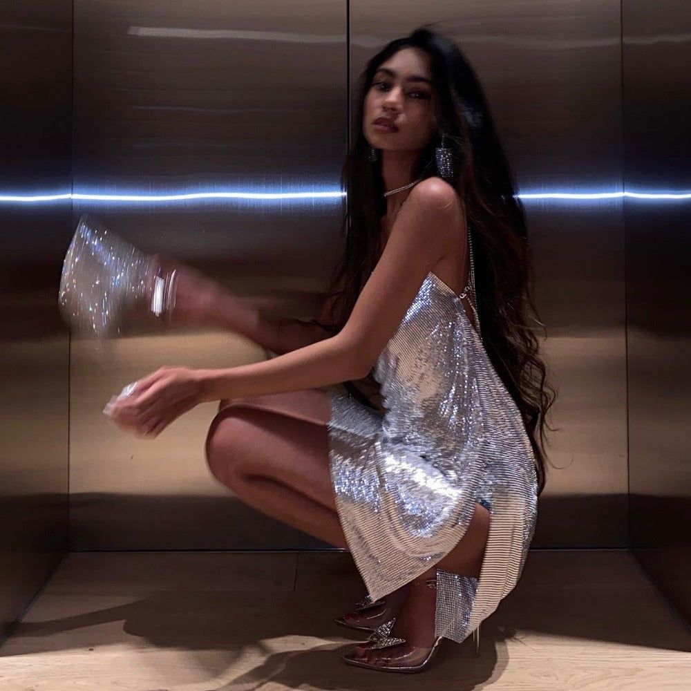 Raindrops Metallic Mesh Crystal Straps Mini Dress 6