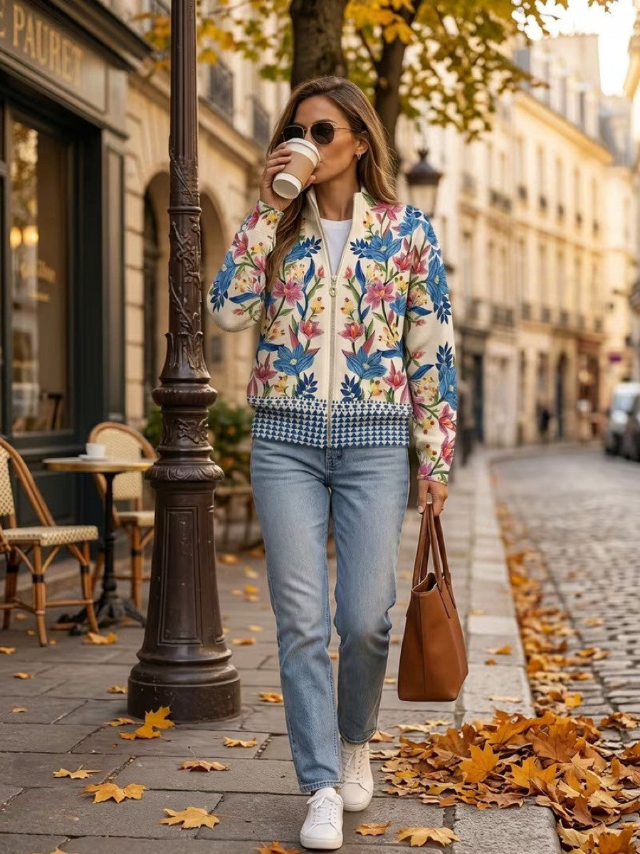 Floral Zip Front Stand Collar Knit Cardigan