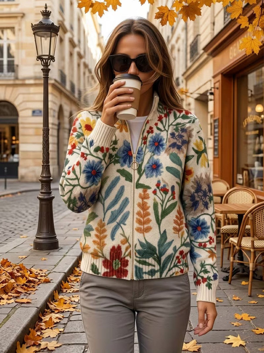 Floral Zip Front Stand Collar Knit Cardigan