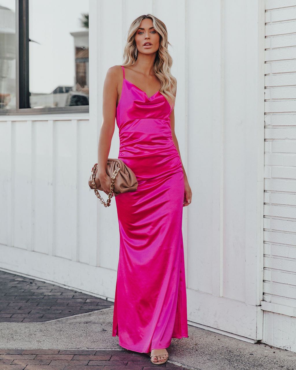 Take Care Satin Cowl Neck Maxi Dress - Fuchsia - FINAL SALE