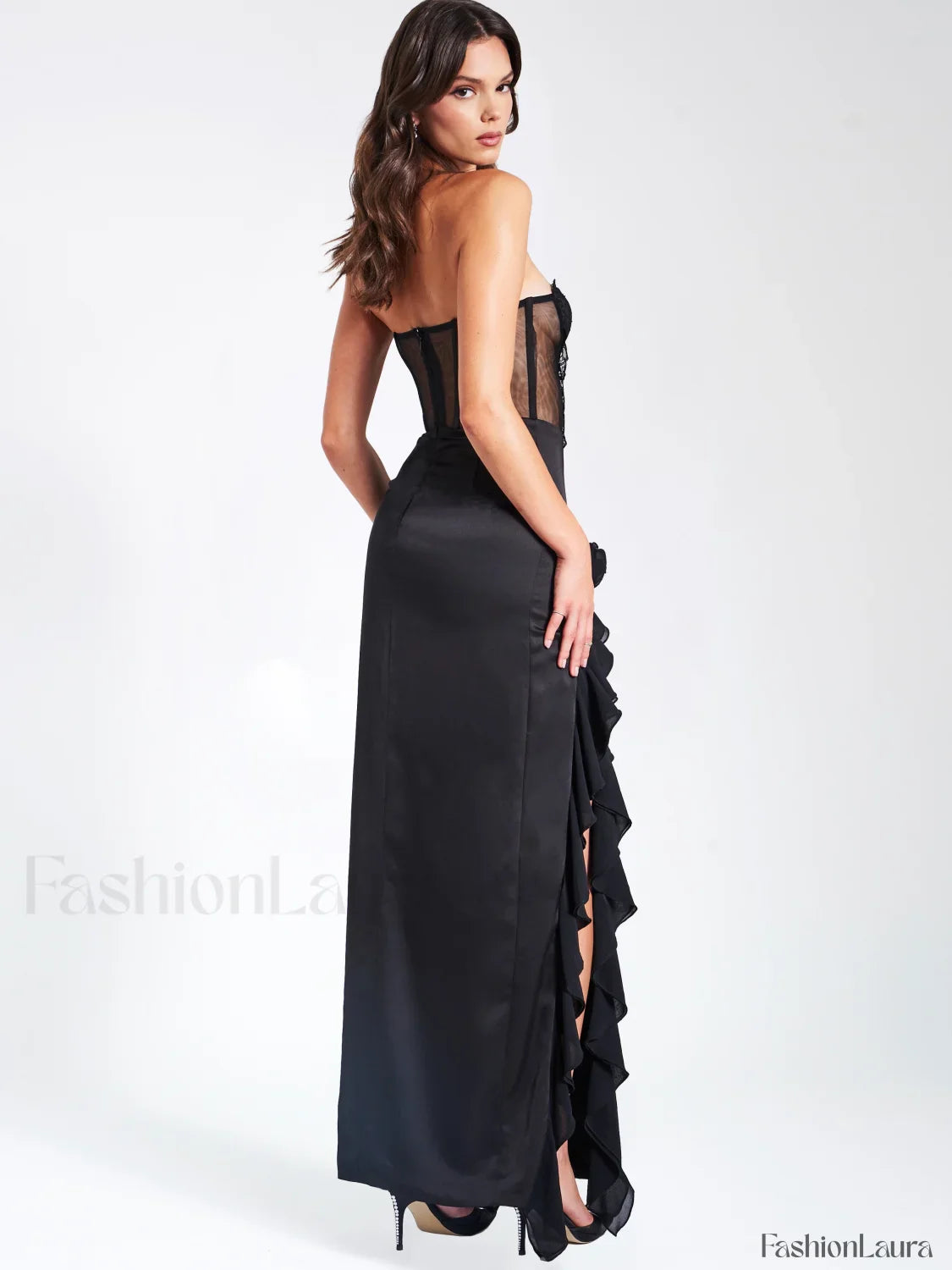 Talia Black Satin Charming Lace Corset Maxi Dress