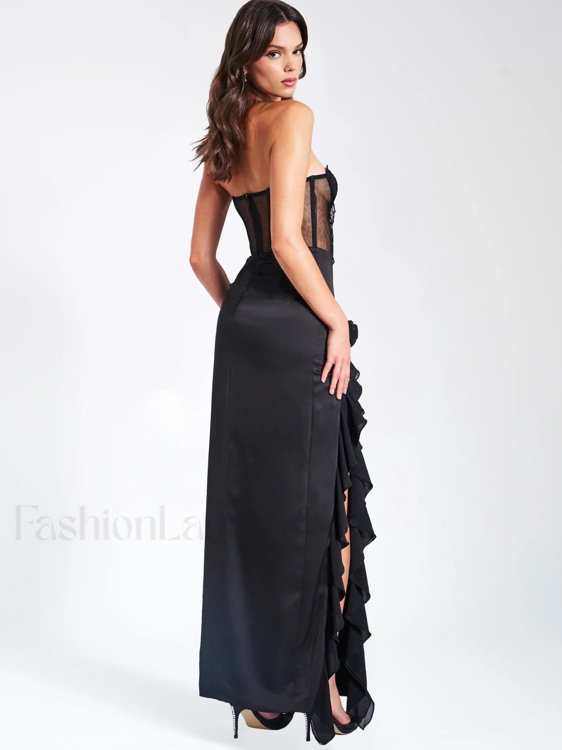 Talia Black Satin Charming Lace Corset Maxi Dress