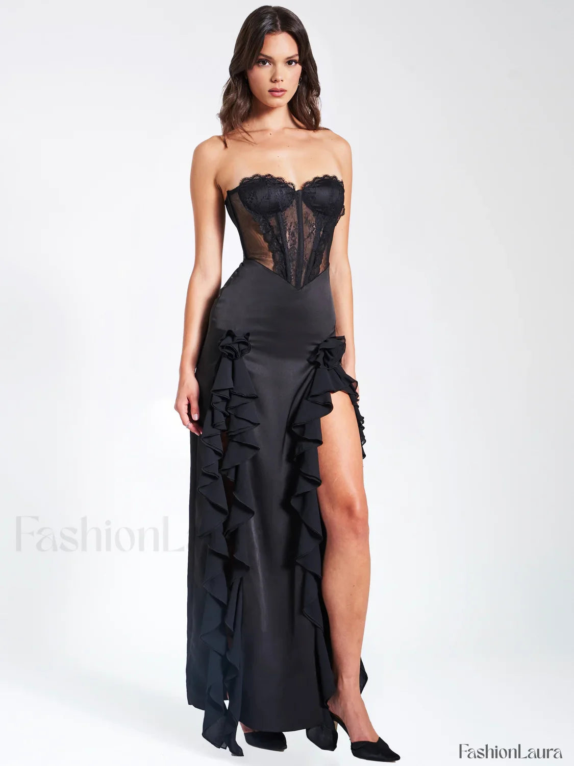 Talia Black Satin Charming Lace Corset Maxi Dress