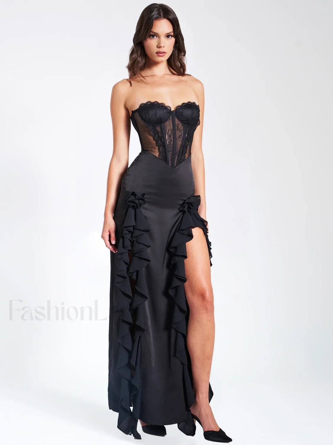 Talia Black Satin Charming Lace Corset Maxi Dress S / US 4 6 Dresses