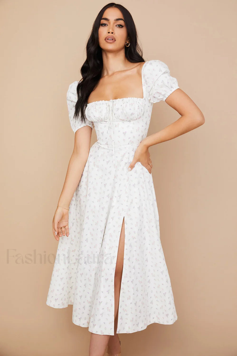 Tallulah Floral Puff Charming Sleeve Midi Dress