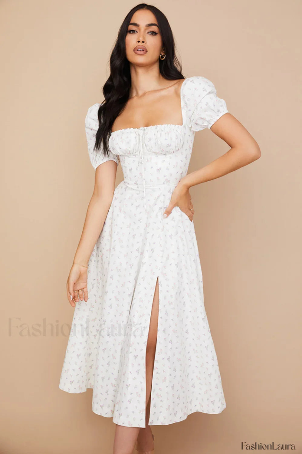 Tallulah Floral Puff Charming Sleeve Midi Dress