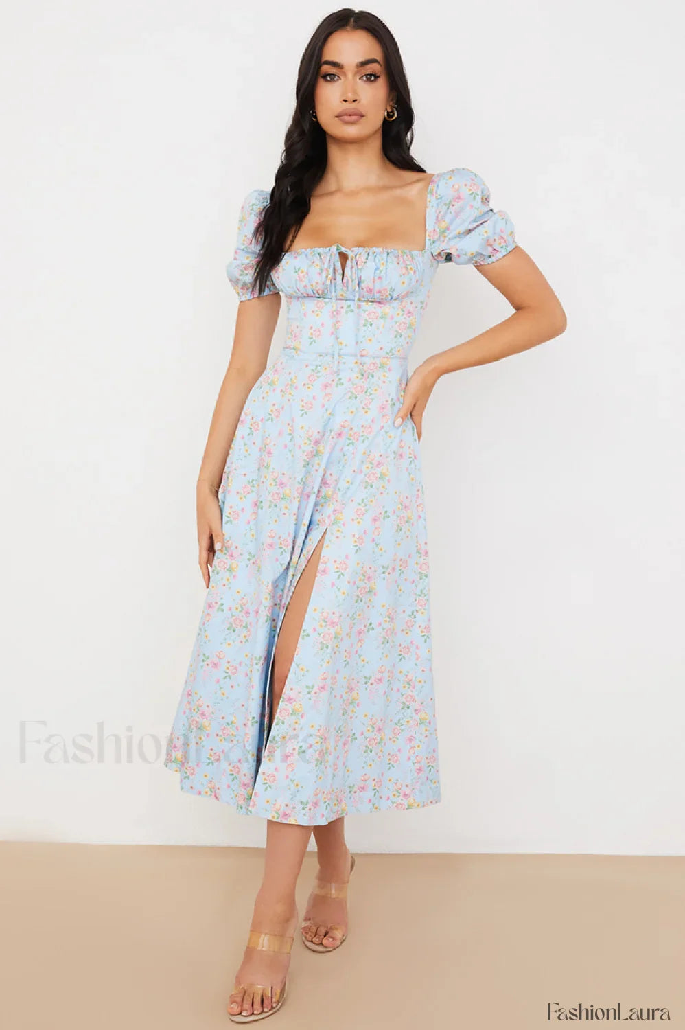 Tallulah Floral Puff Charming Sleeve Midi Dress