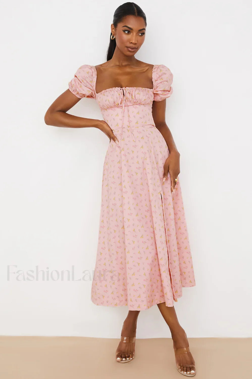 Tallulah Floral Puff Charming Sleeve Midi Dress