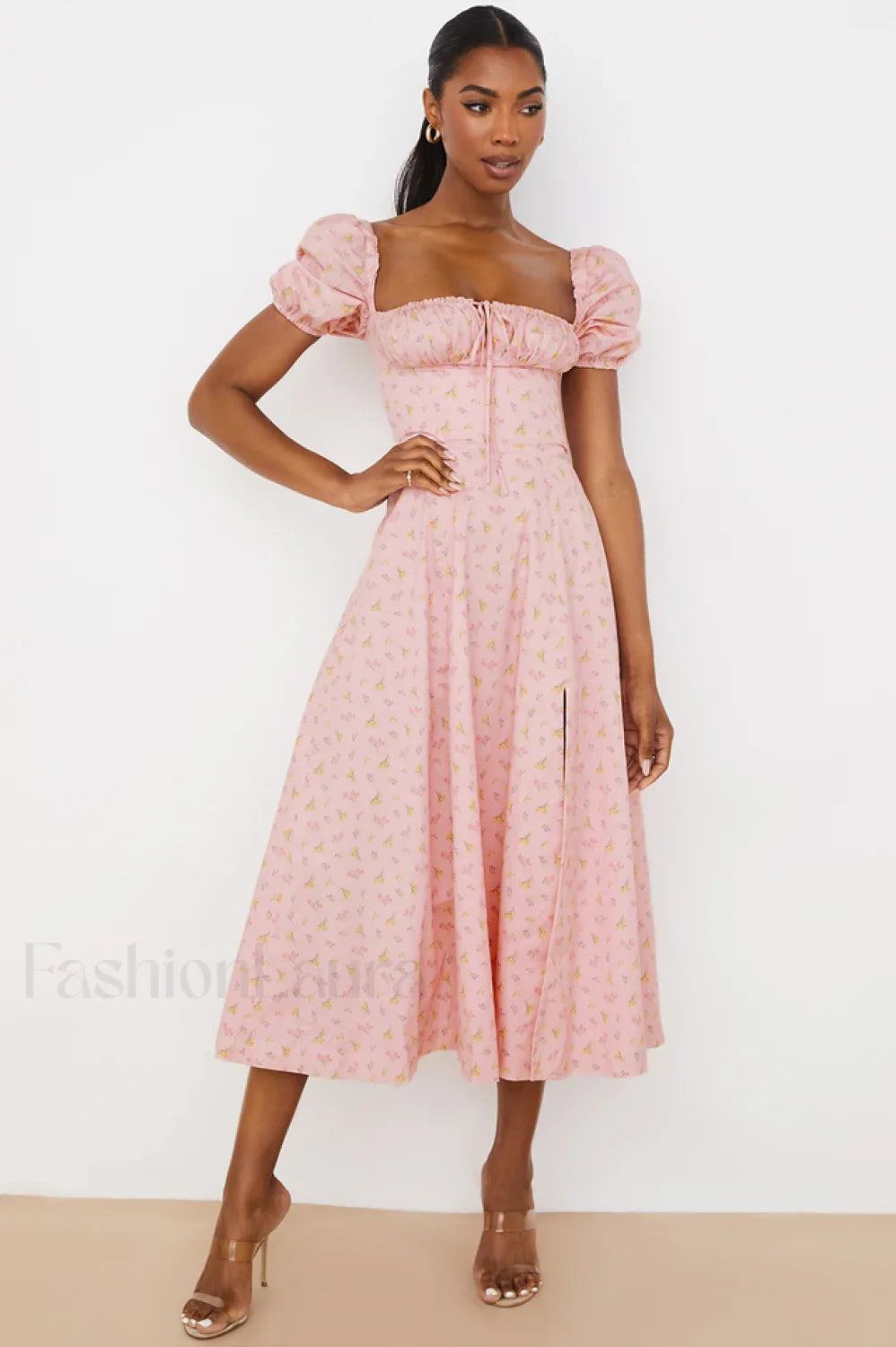 Tallulah Floral Puff Charming Sleeve Midi Dress
