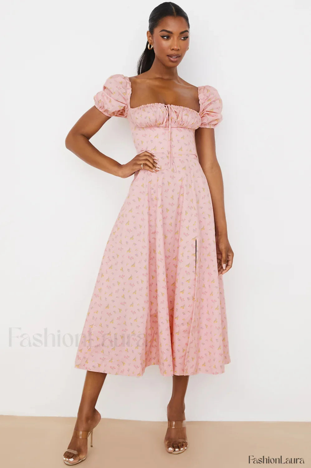 Tallulah Floral Puff Charming Sleeve Midi Dress