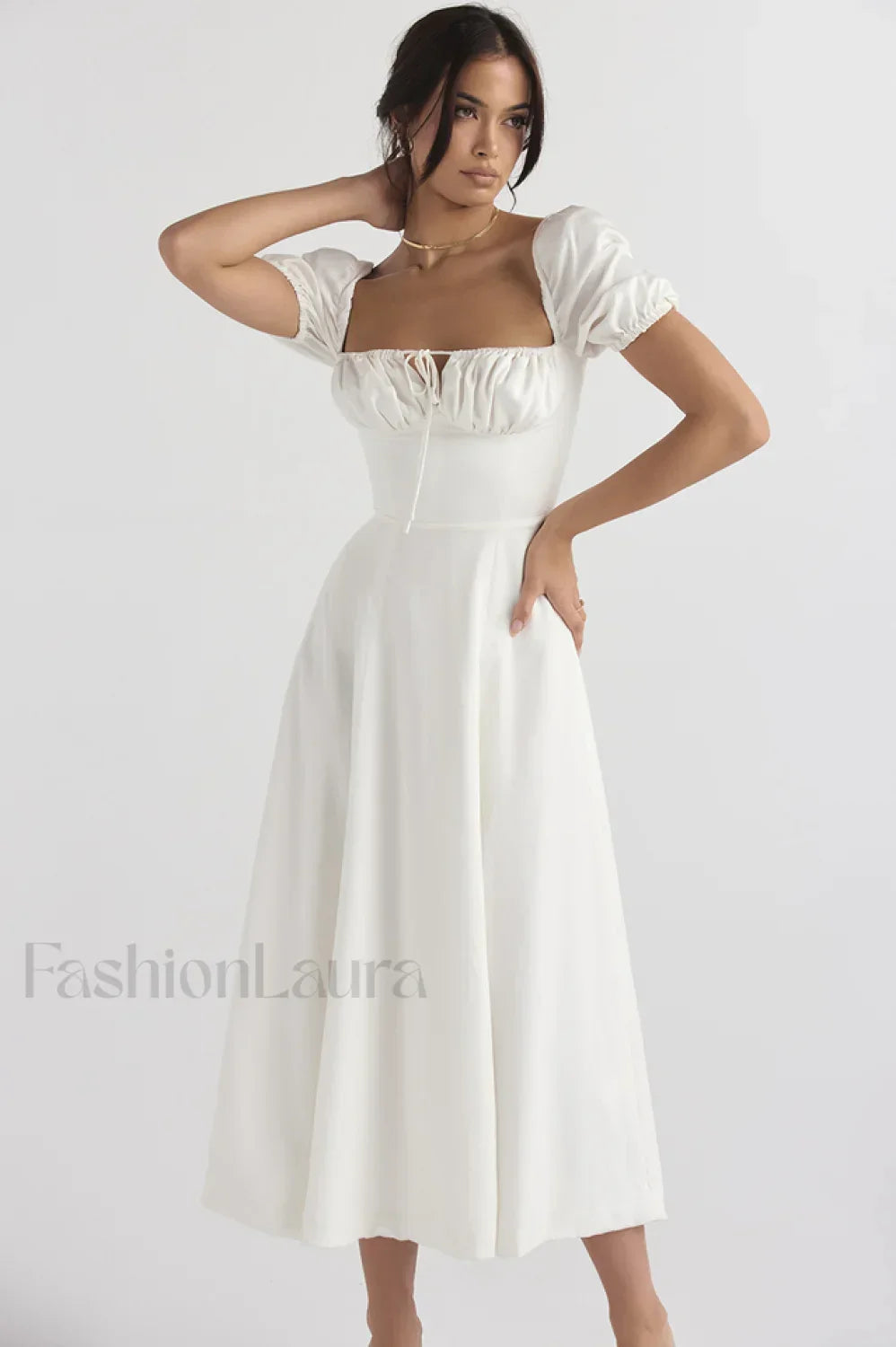 Tallulah White Puff Charming Sleeve Midi Dress