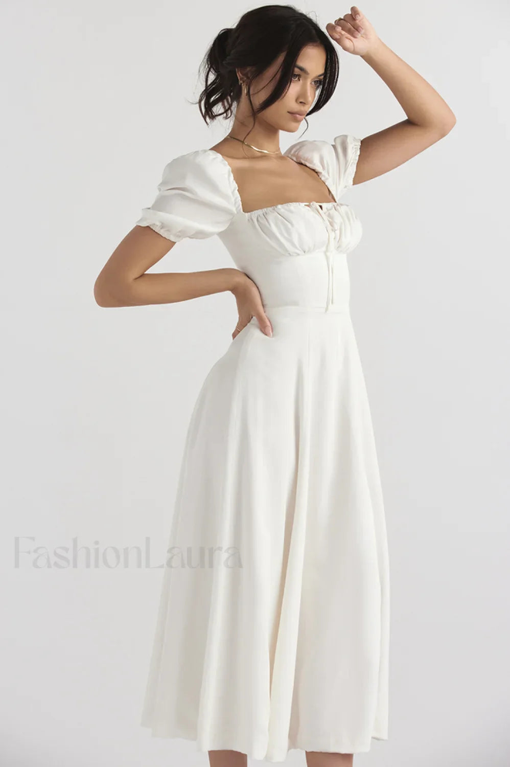 Tallulah White Puff Charming Sleeve Midi Dress