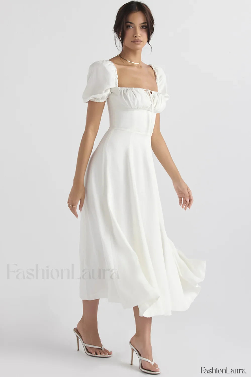 Tallulah White Puff Charming Sleeve Midi Dress