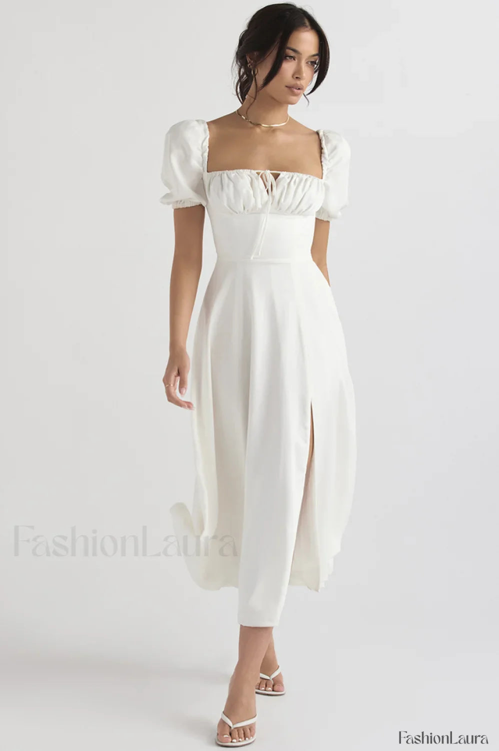 Tallulah White Puff Charming Sleeve Midi Dress