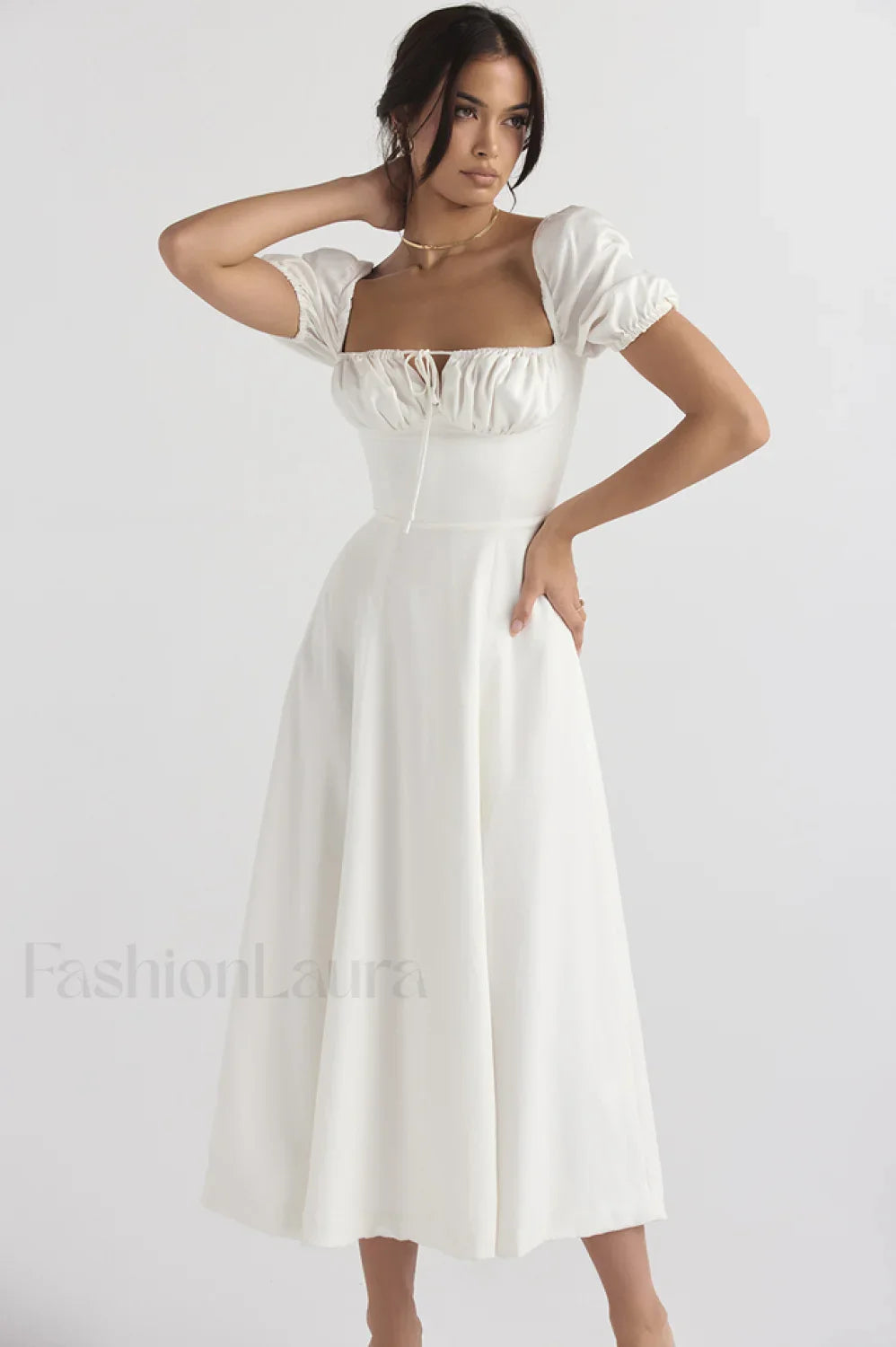 Tallulah White Puff Charming Sleeve Midi Dress