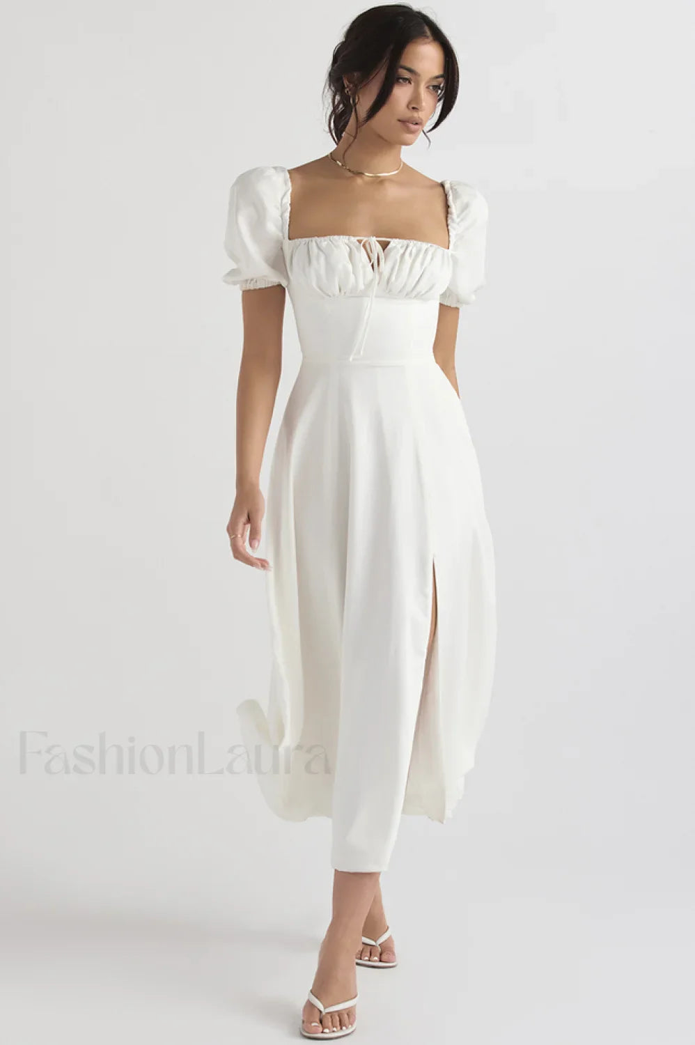 Tallulah White Puff Charming Sleeve Midi Dress