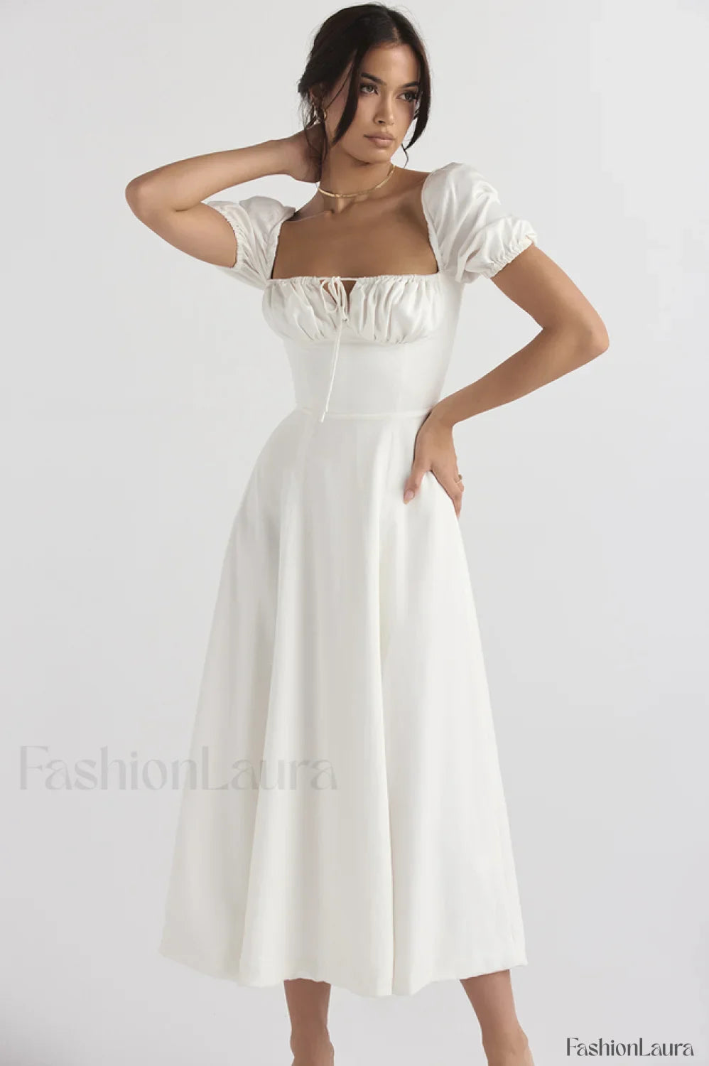 Tallulah White Puff Charming Sleeve Midi Dress