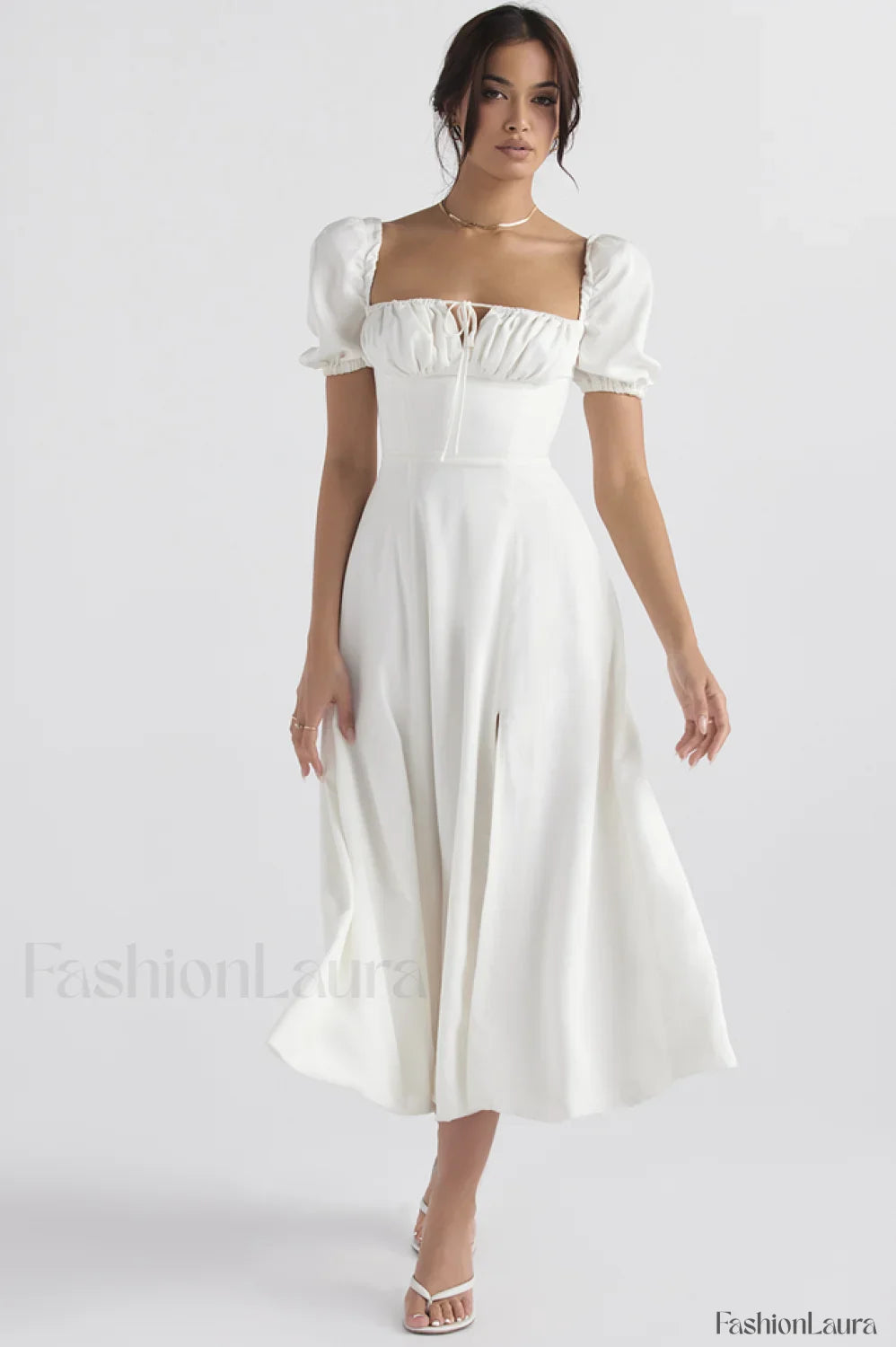 Tallulah White Puff Charming Sleeve Midi Dress