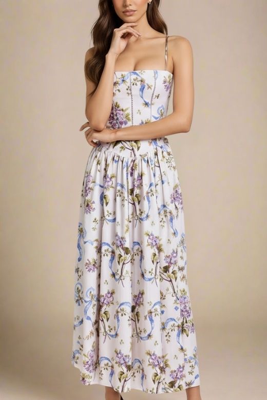 Floral Corset Straight Neck Spaghetti Strap Maxi Dress 4