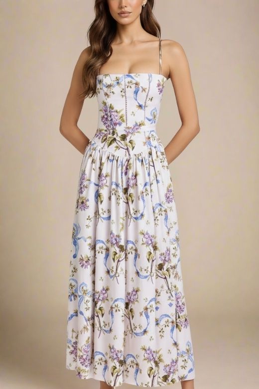 Floral Corset Straight Neck Spaghetti Strap Maxi Dress