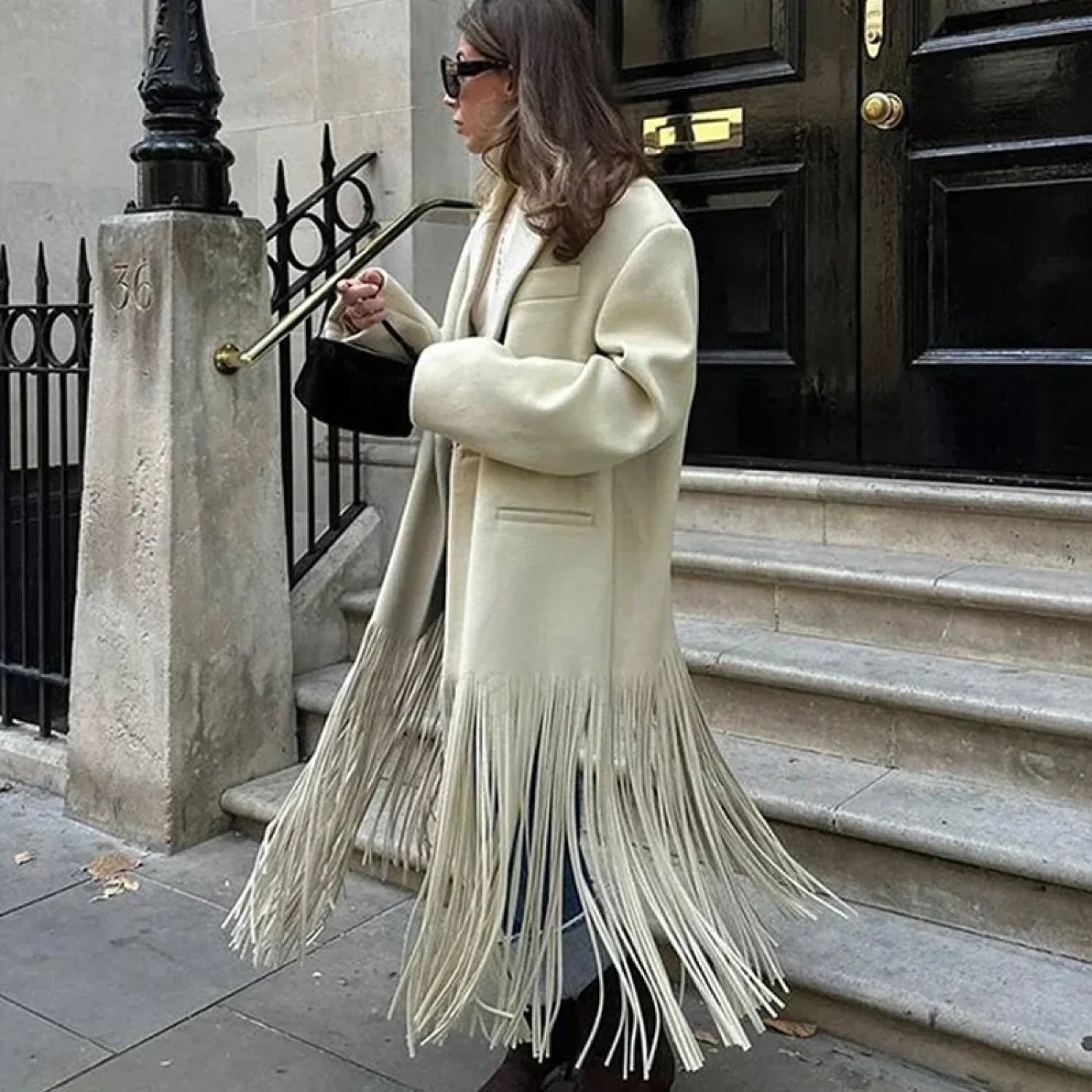 Tassel Apricot Women’s Coat Elegant Autumn Long Sleeve Lapel Female Overcoats apricot / S