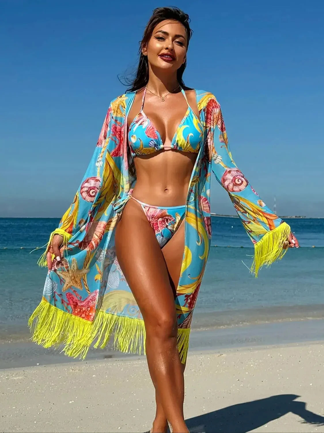 Tassel Drape Printed Bikini Three Piece Set