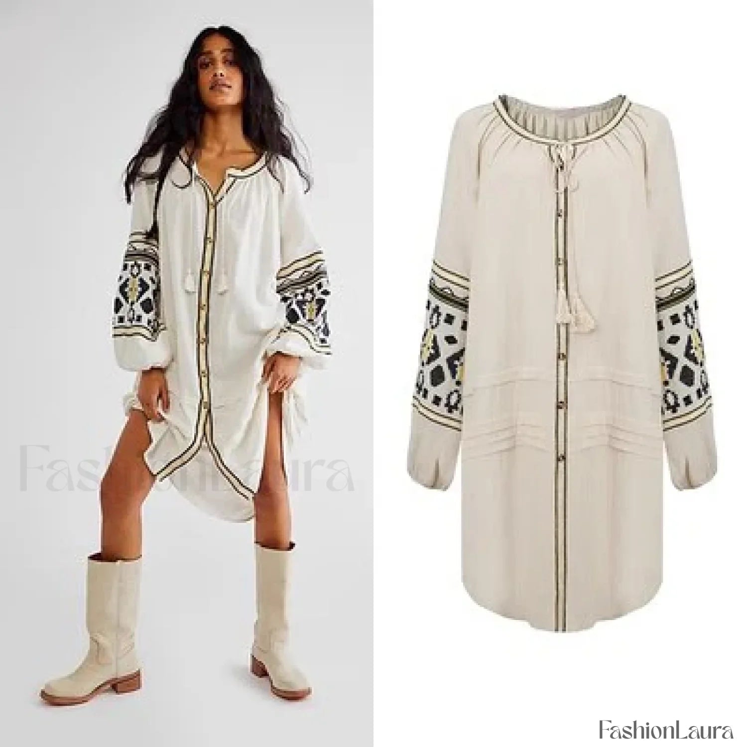 Tassel Lantern-Sleeve Boho Dress