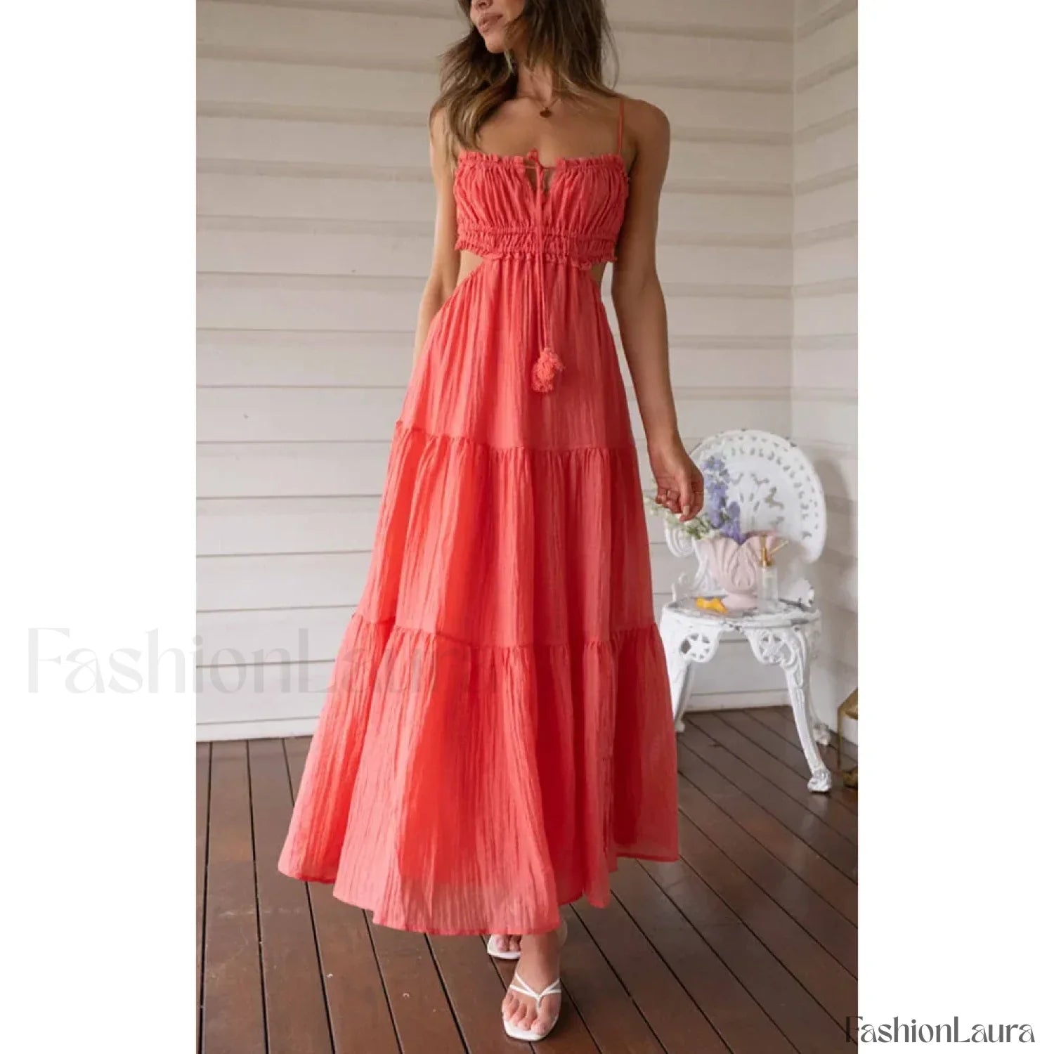 Tassel Tie-Up Cutout Midi Dress