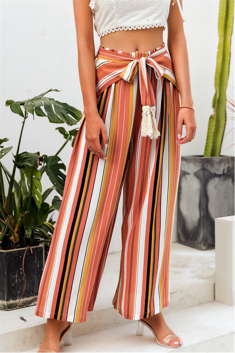 Tassle Split Striped Wide Leg Pants