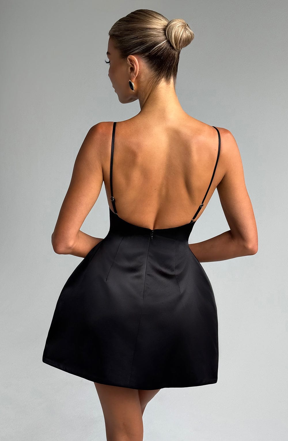 Satin Straight Neck Spaghetti Strap Structured Puff Skirt Mini Dress 2