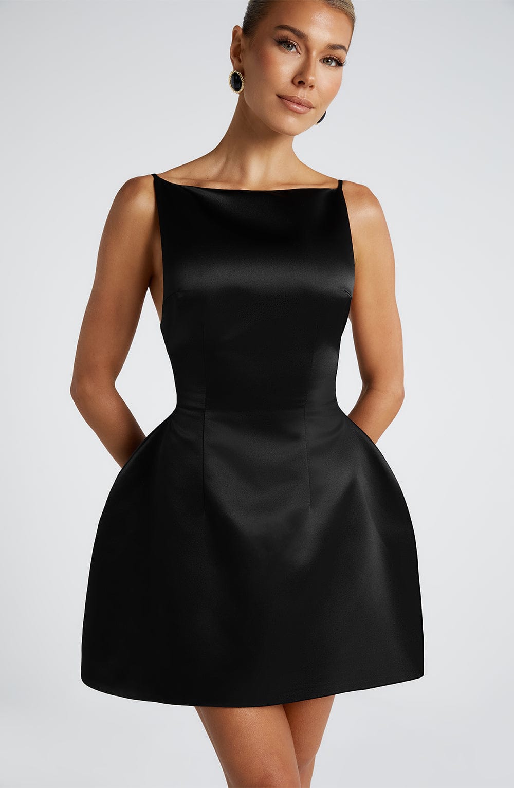 Satin Straight Neck Spaghetti Strap Structured Puff Skirt Mini Dress 8