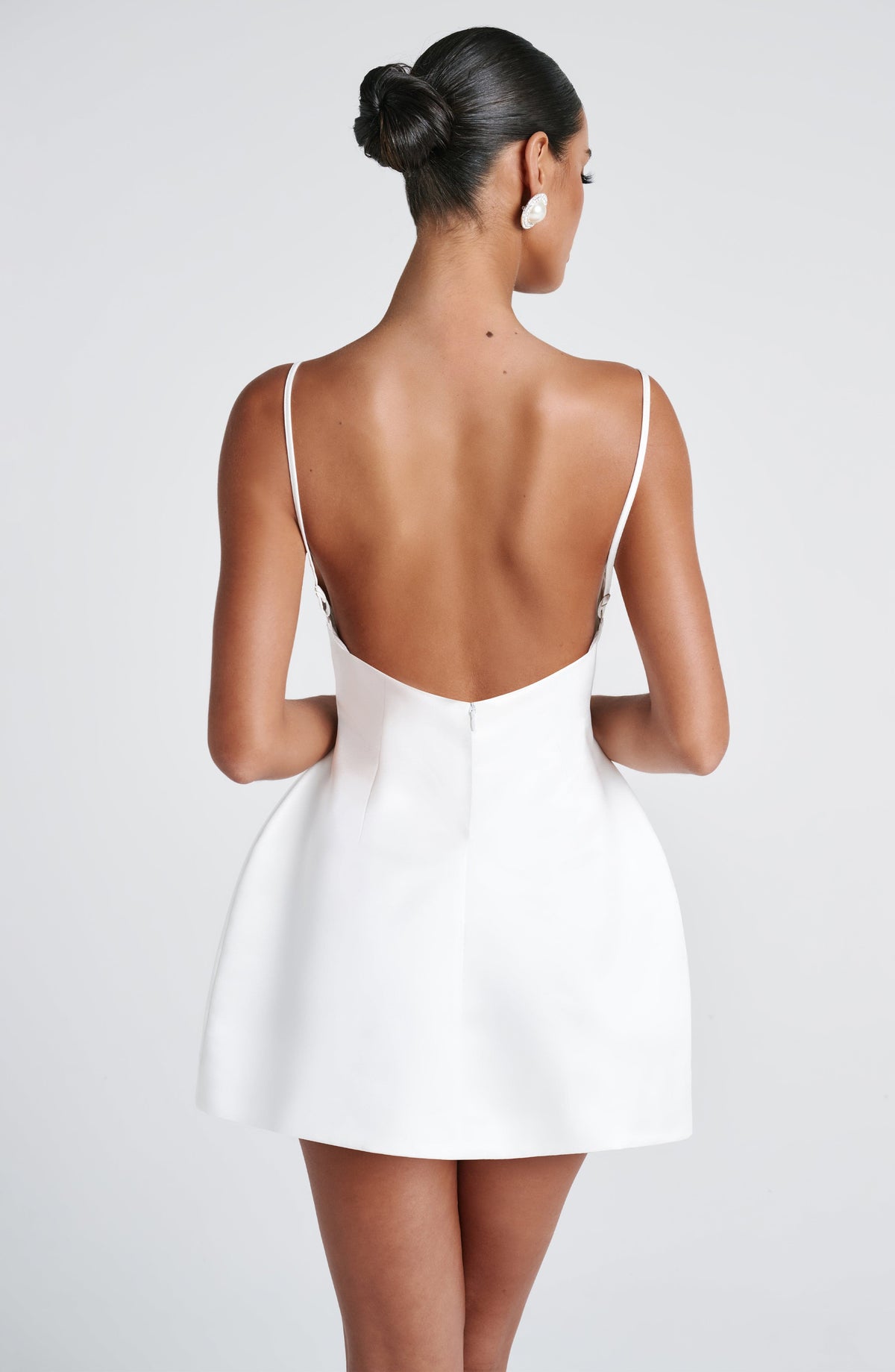 Satin Boat Neck Spaghetti Strap Structured Bubble Mini Dress 2
