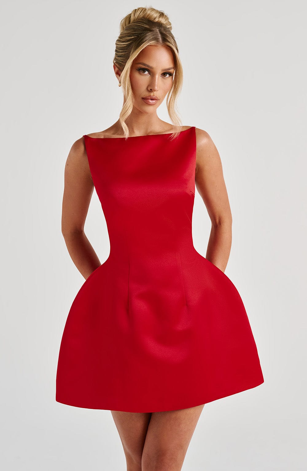 Satin Boat Neck Sleeveless Bubble Hem Mini Dress 2
