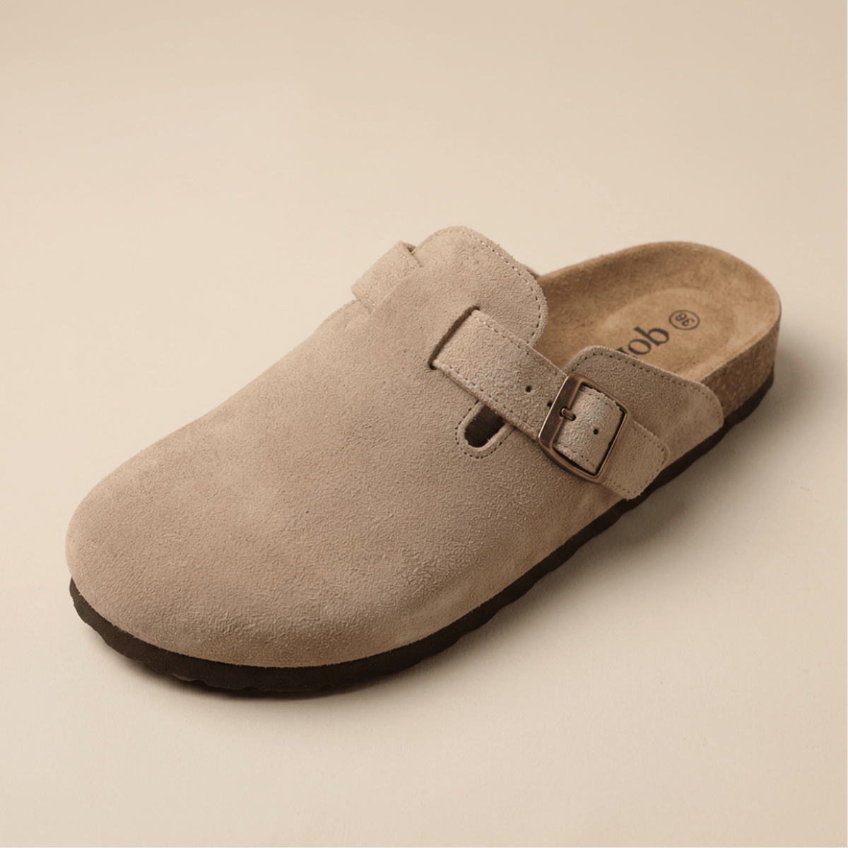 Suede Buckle Strap Closed Toe Clog Mules