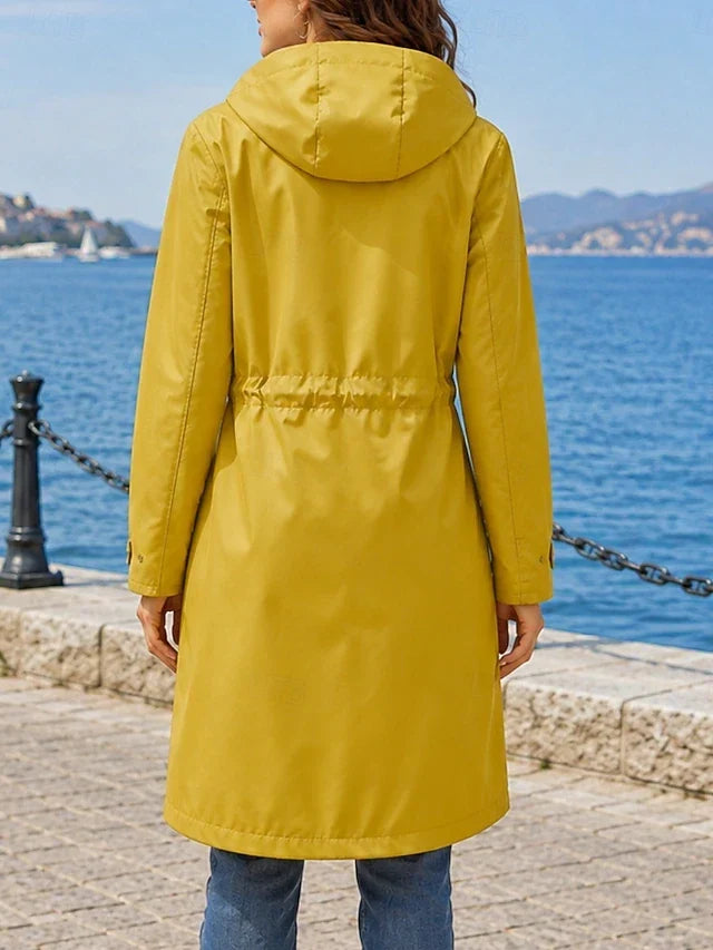 Hooded Drawstring Waist Longline Rain Jacket
